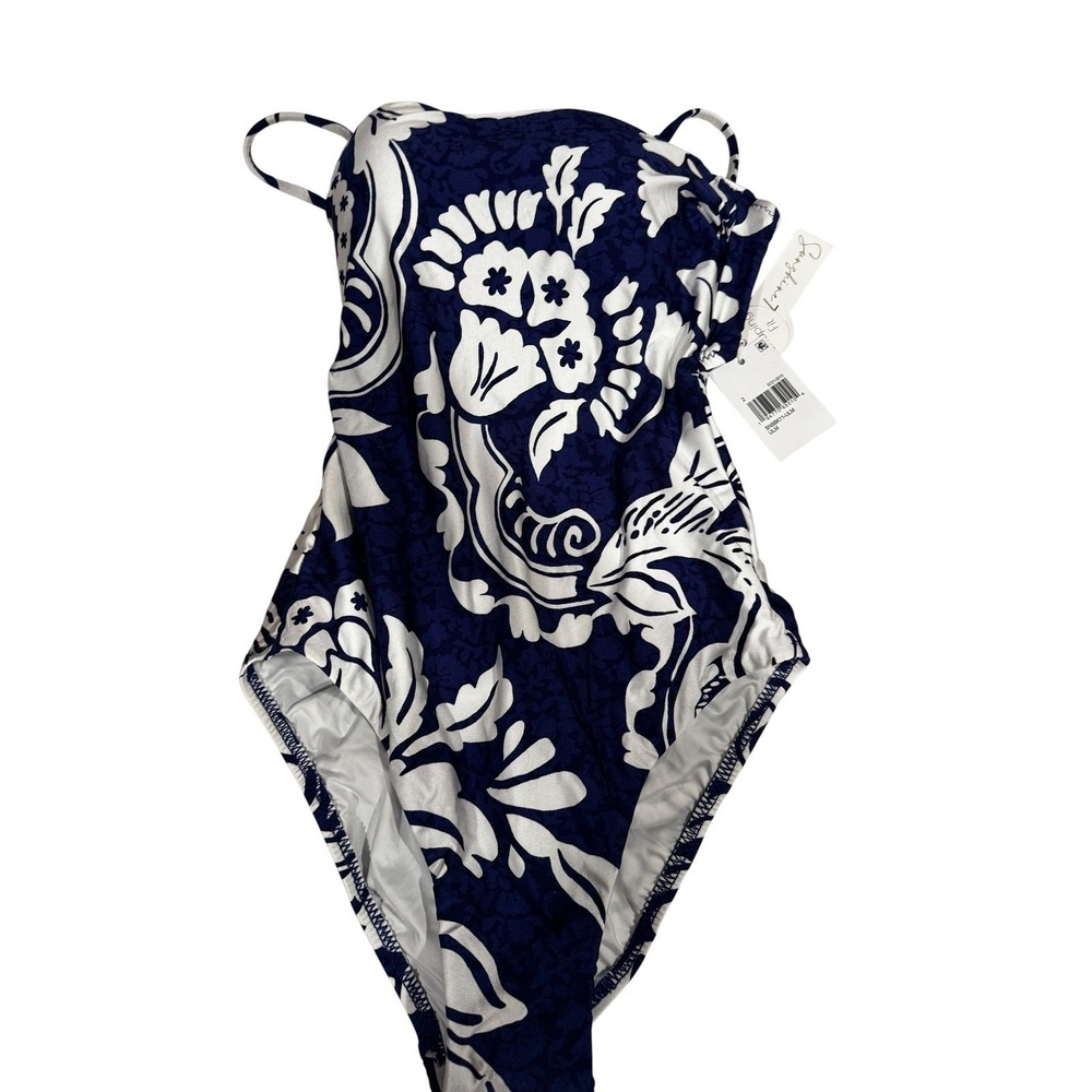 Sunshine7 Swimwear Navy White Floral Print One Piece Swimsuit UPF 50 sz 6